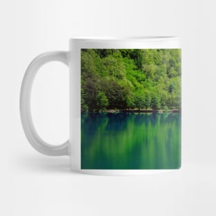 Beautiful emerald lake in a magical forest Mug